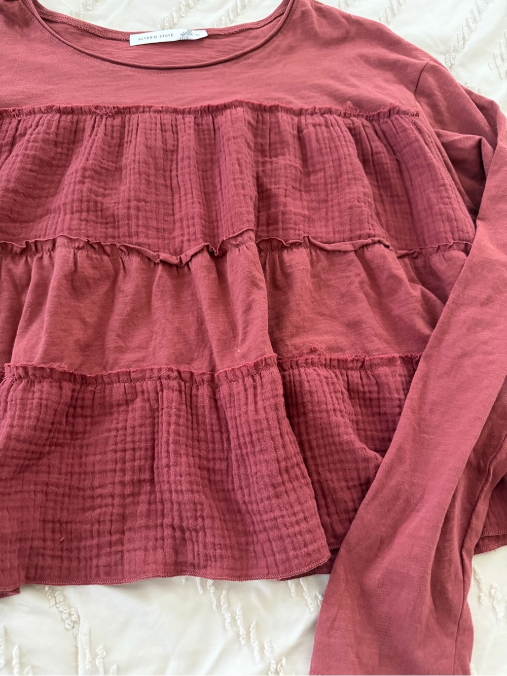 Altar'd State Long Sleeve Tiered Ruffle Top - Mauve Red - Picture 3 of 7